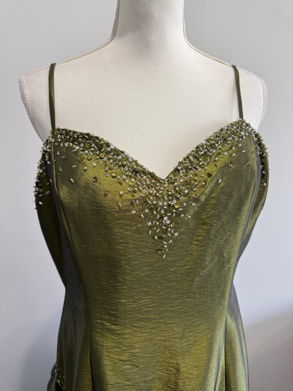 Y2K Olive Green Ball Gown Silver Gem Formal Dress Maggie Sottero - Picture 3 of 10